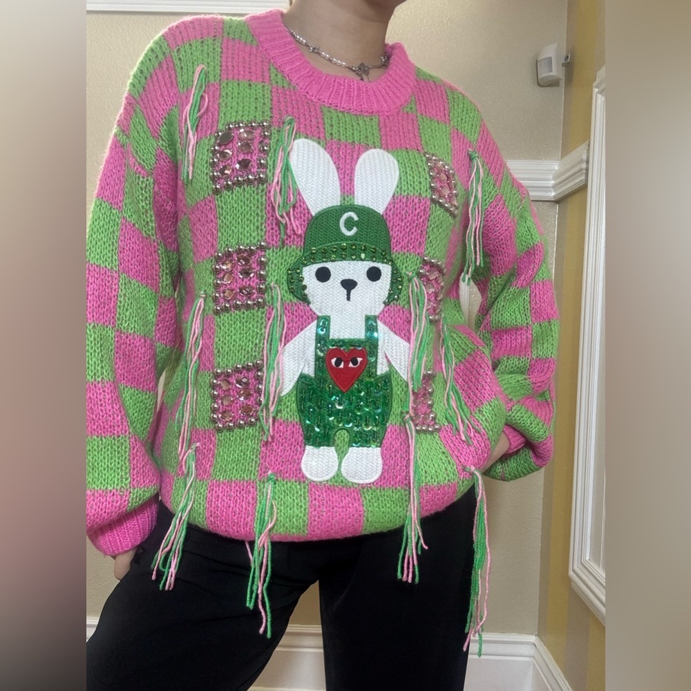NWOT Pink and Green Checkered Sweater with Bunny Design